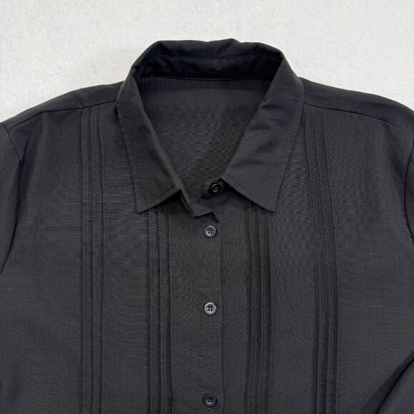 Womens Linen Blend Pleated Blouse Long Sleeves Lagenlook Minimalist Black XXL - Picture 2 of 12